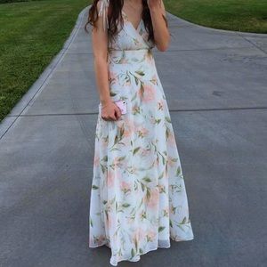 white flowy lulu’s dress with pink flowers